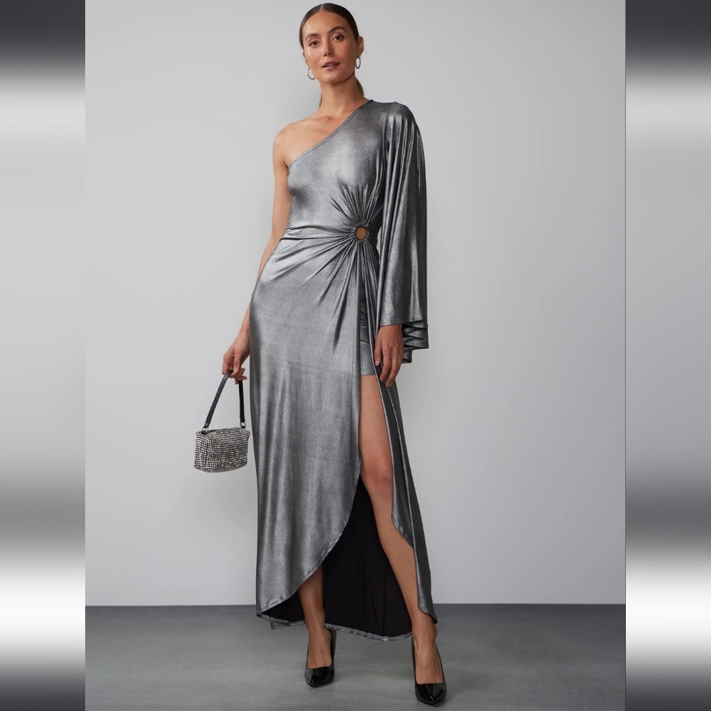 One Shoulder Foil Drama Metallic Knit Dress